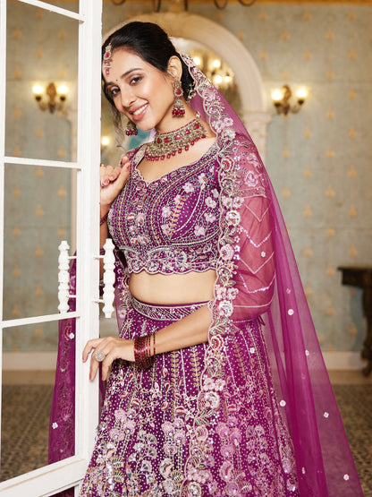 Burgundy Net Bridal Lehenga with Sequins &amp; Zarkan Work
