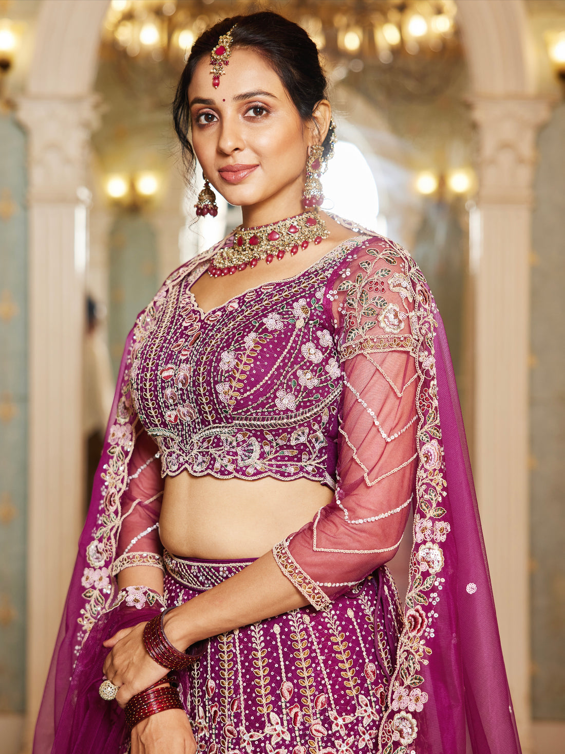 Burgundy Net Bridal Lehenga with Sequins &amp; Zarkan Work