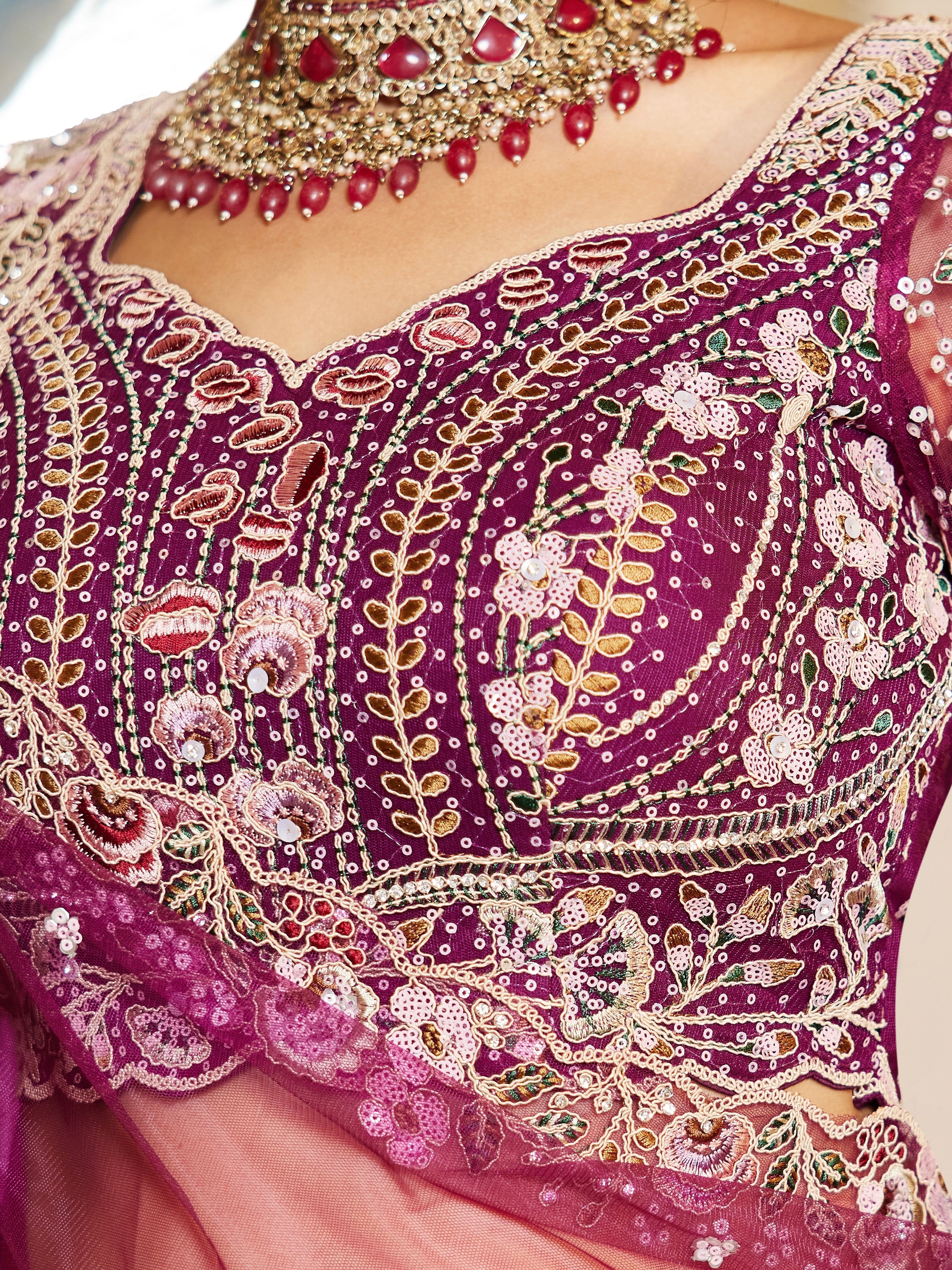 Burgundy Net Bridal Lehenga with Sequins &amp; Zarkan Work