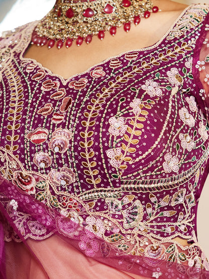 Burgundy Net Bridal Lehenga with Sequins &amp; Zarkan Work