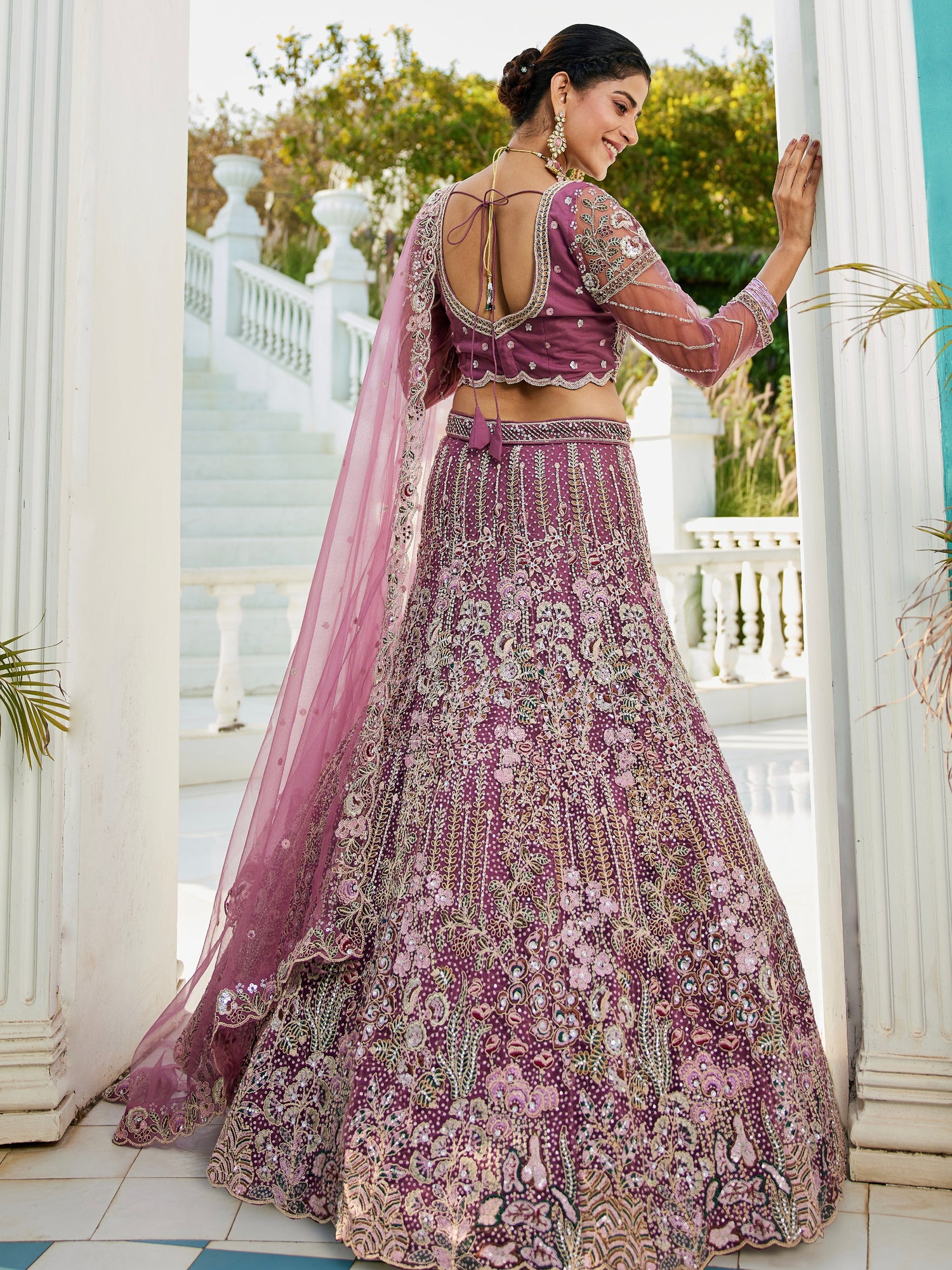 Lavender Net Bridal Lehenga with Sequins &amp; Zarkan Embroidery
