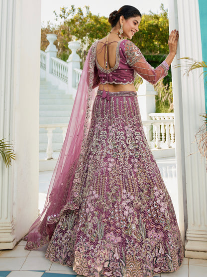 Lavender Net Bridal Lehenga with Sequins &amp; Zarkan Embroidery