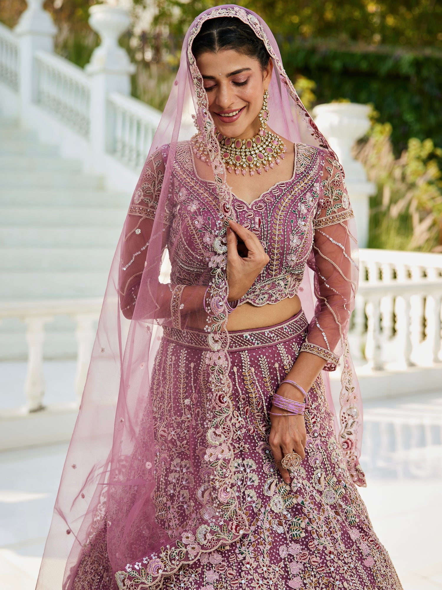 Lavender Net Bridal Lehenga with Sequins &amp; Zarkan Embroidery