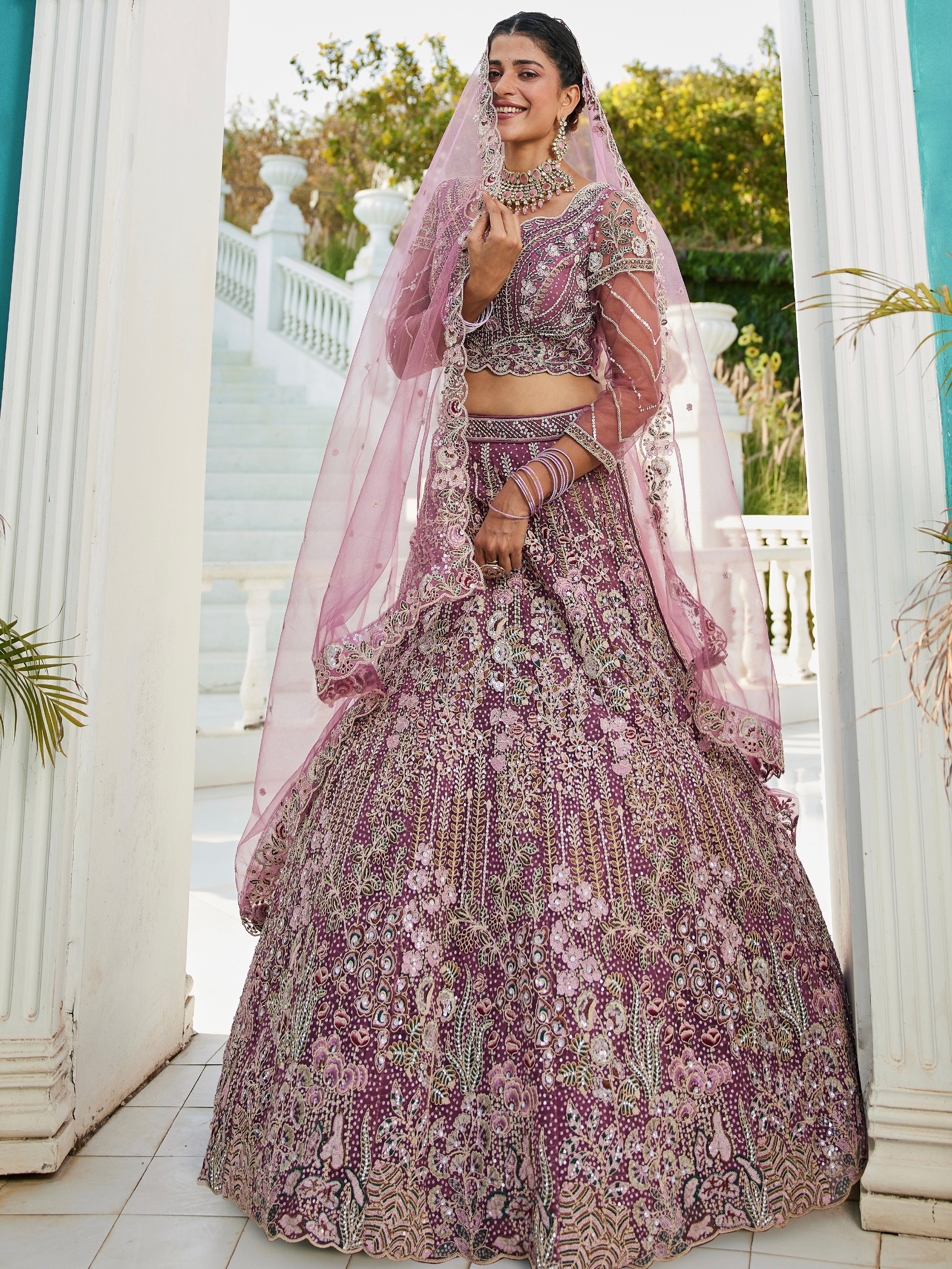 Lavender Net Bridal Lehenga with Sequins &amp; Zarkan Embroidery