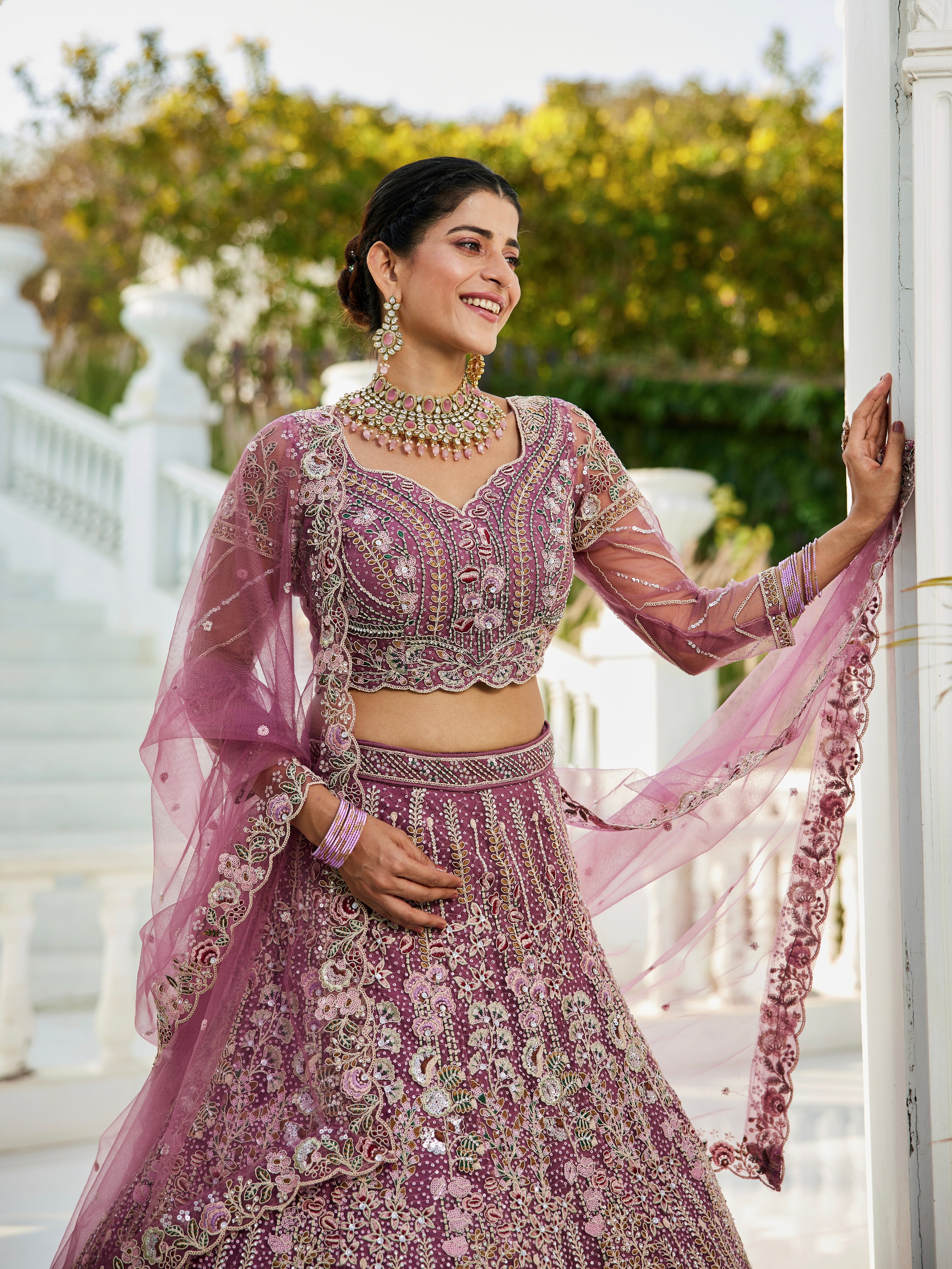 Lavender Net Bridal Lehenga with Sequins &amp; Zarkan Embroidery