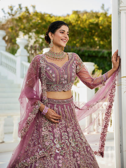 Lavender Net Bridal Lehenga with Sequins &amp; Zarkan Embroidery