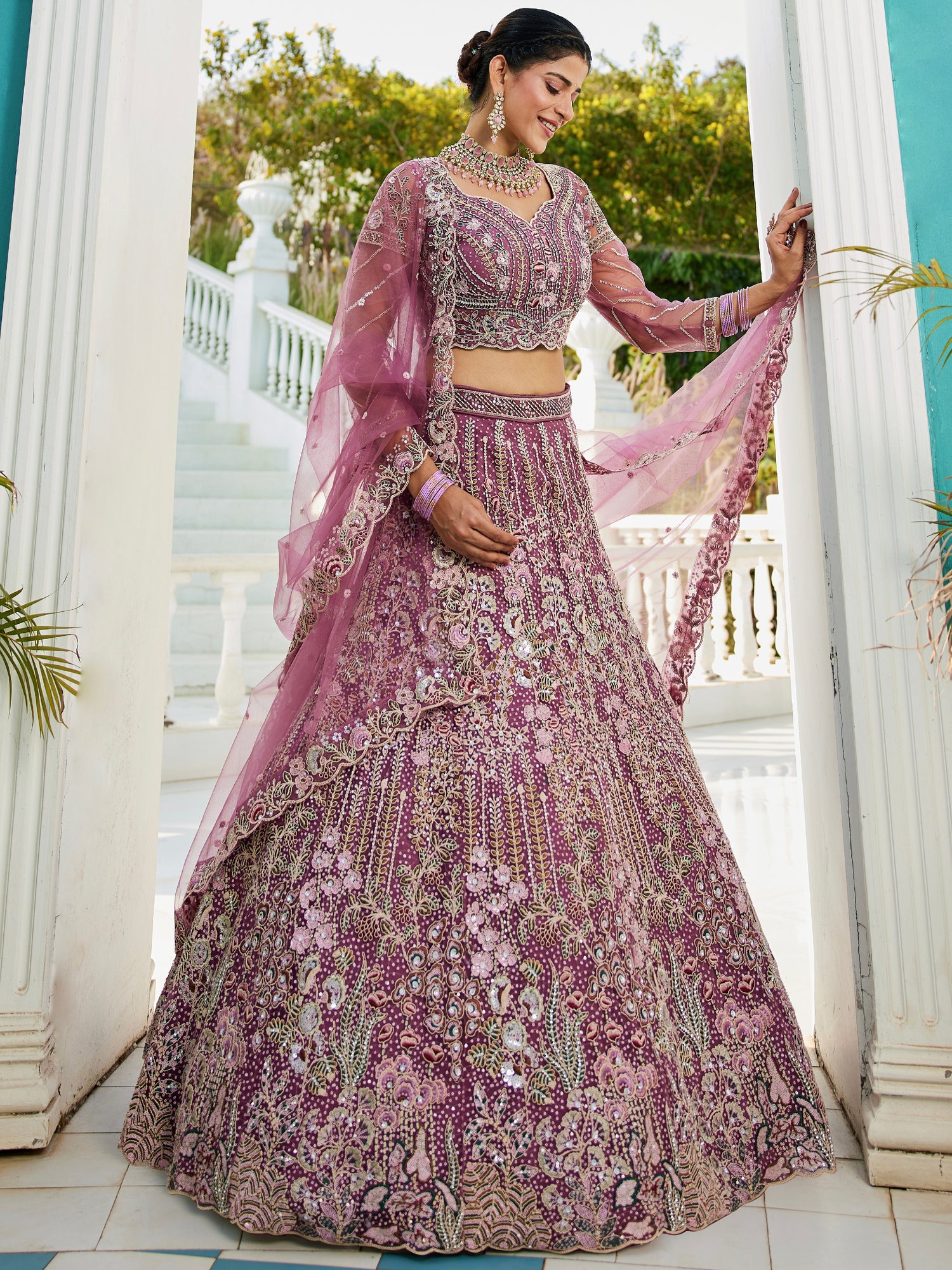 Lavender Net Bridal Lehenga with Sequins &amp; Zarkan Embroidery