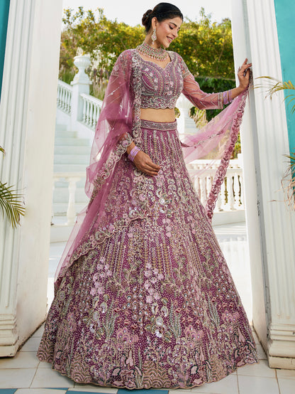 Lavender Net Bridal Lehenga with Sequins &amp; Zarkan Embroidery