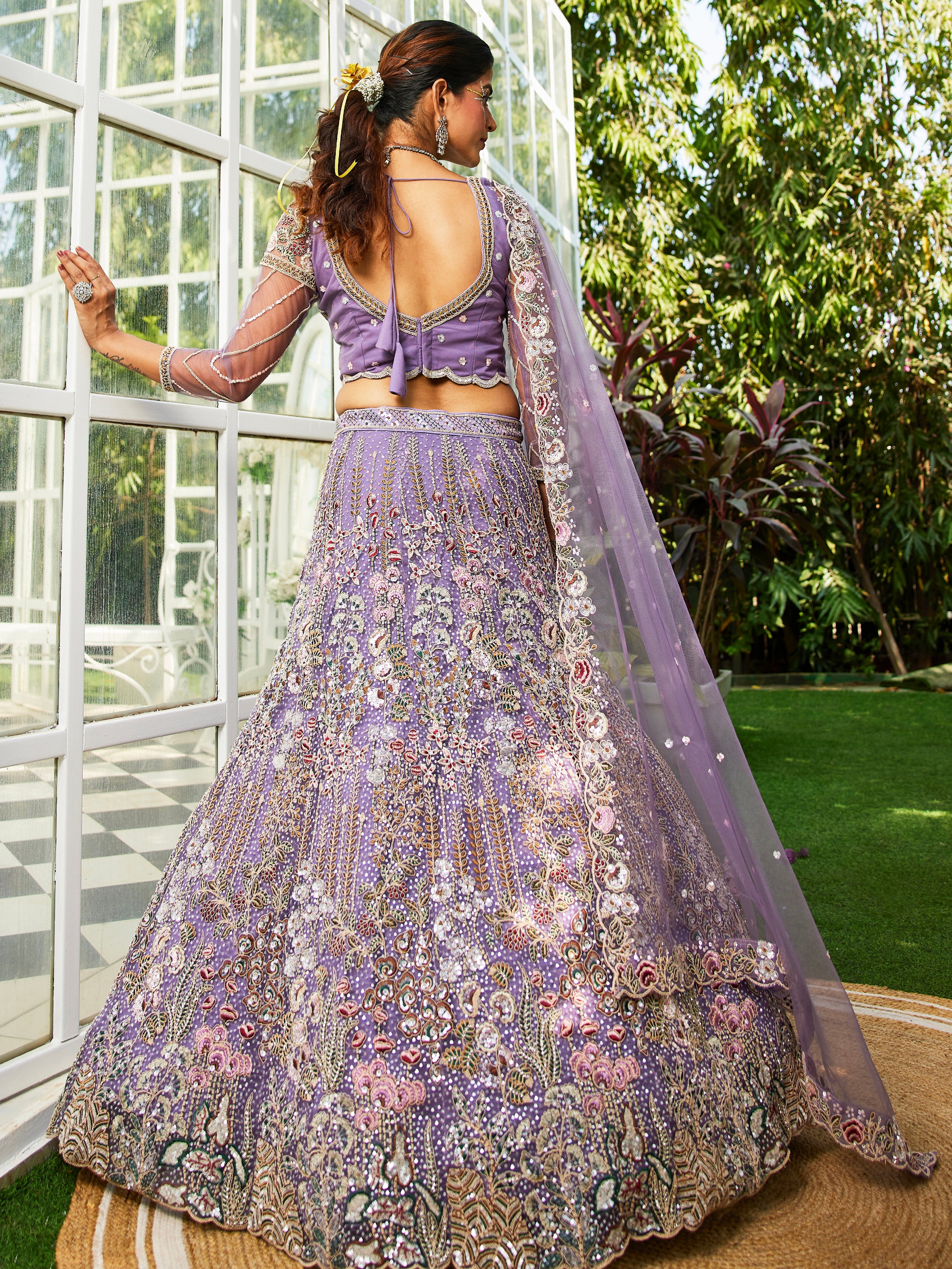 Mauve Net Bridal Lehenga with Sequins &amp; Zarkan Embroidery