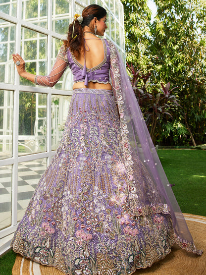 Mauve Net Bridal Lehenga with Sequins &amp; Zarkan Embroidery