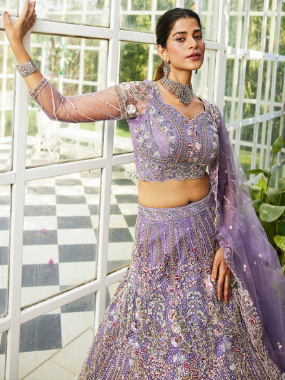 Mauve Net Bridal Lehenga with Sequins &amp; Zarkan Embroidery