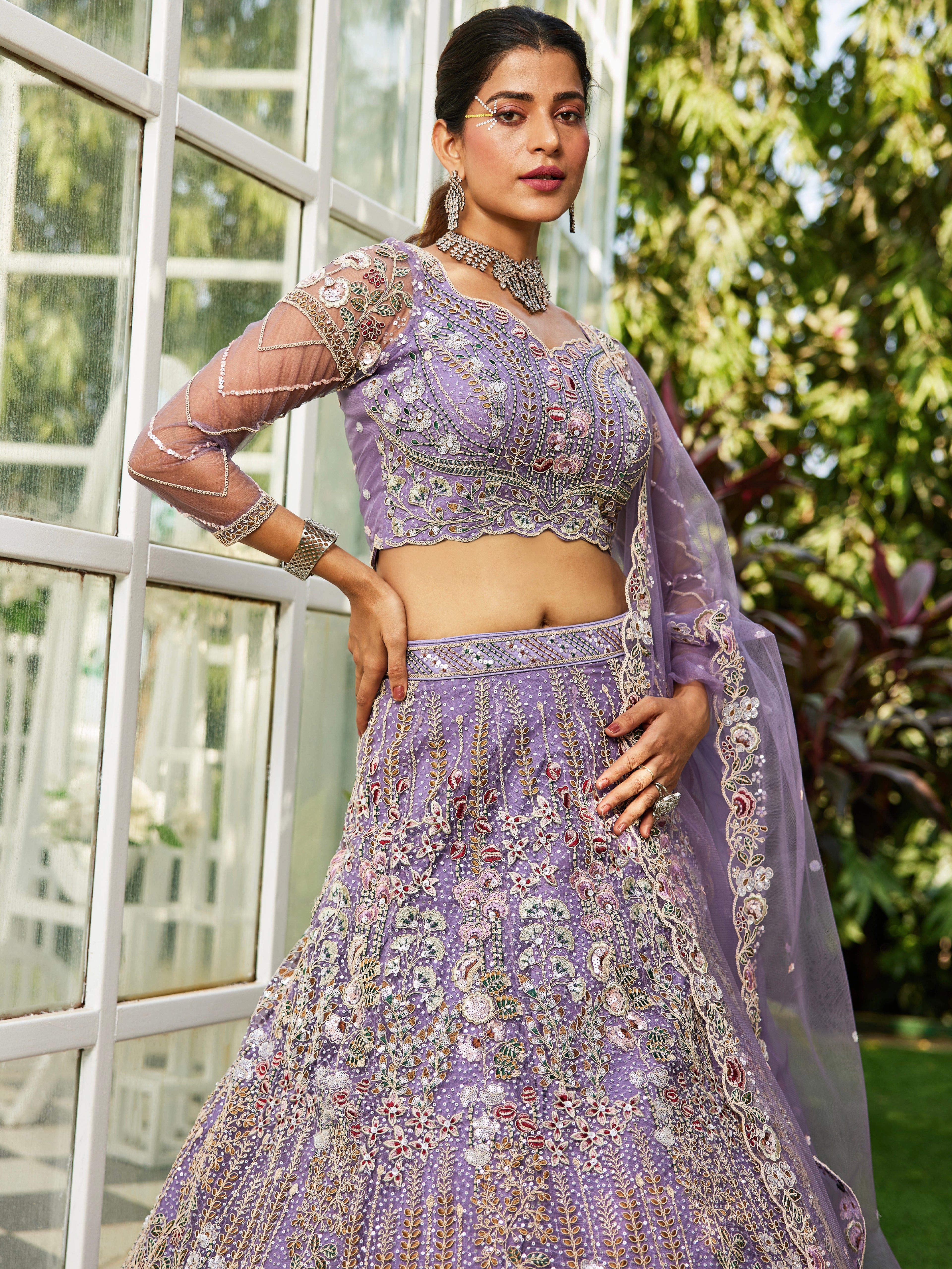 Mauve Net Bridal Lehenga with Sequins &amp; Zarkan Embroidery