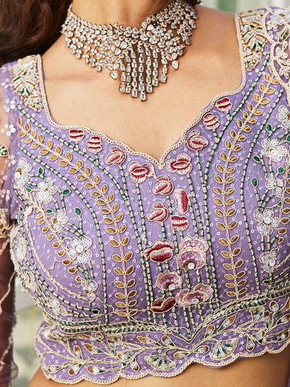 Mauve Net Bridal Lehenga with Sequins &amp; Zarkan Embroidery