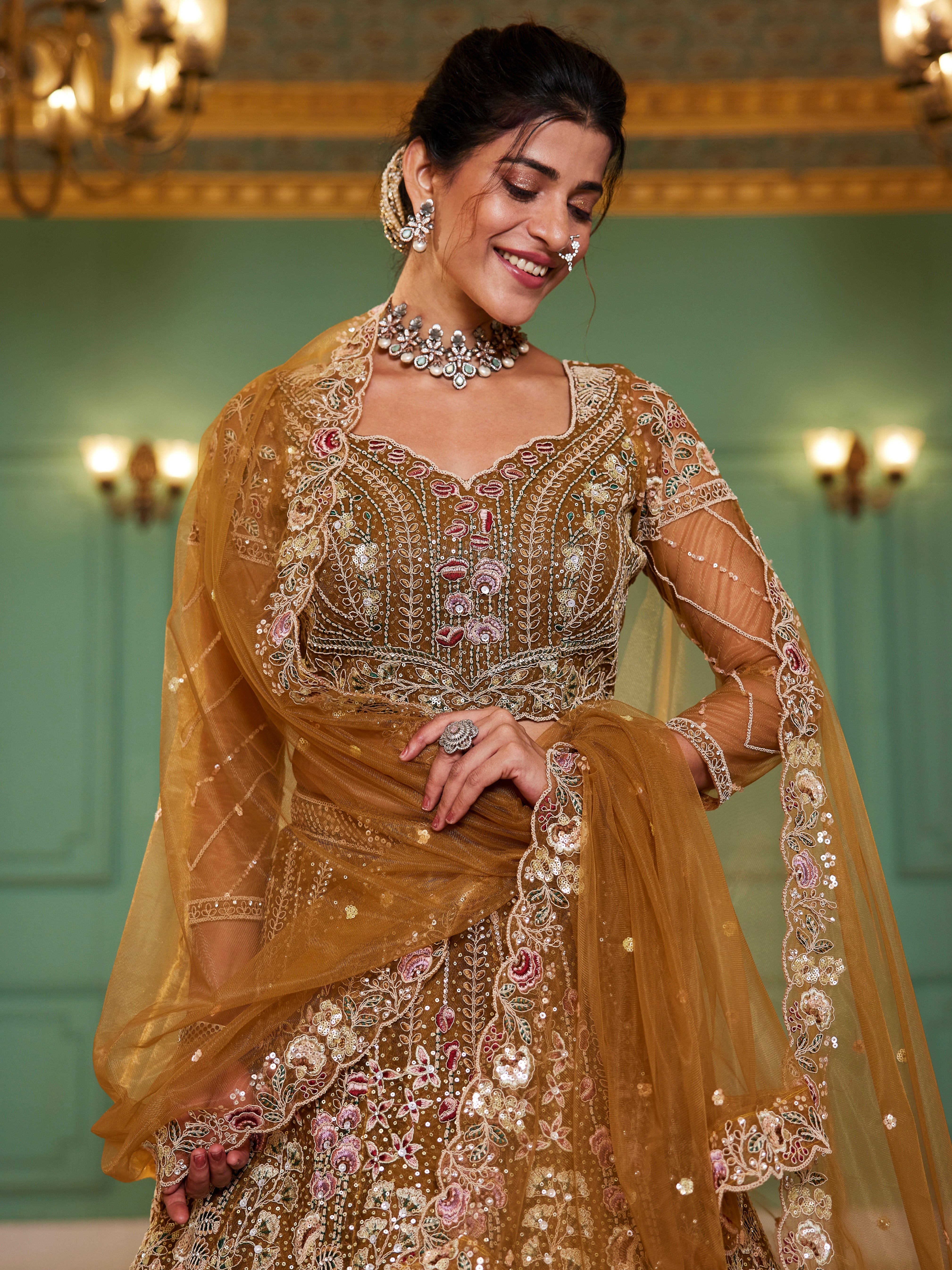Mustard Net Bridal Lehenga with Sequins & Zarkan Embroidery