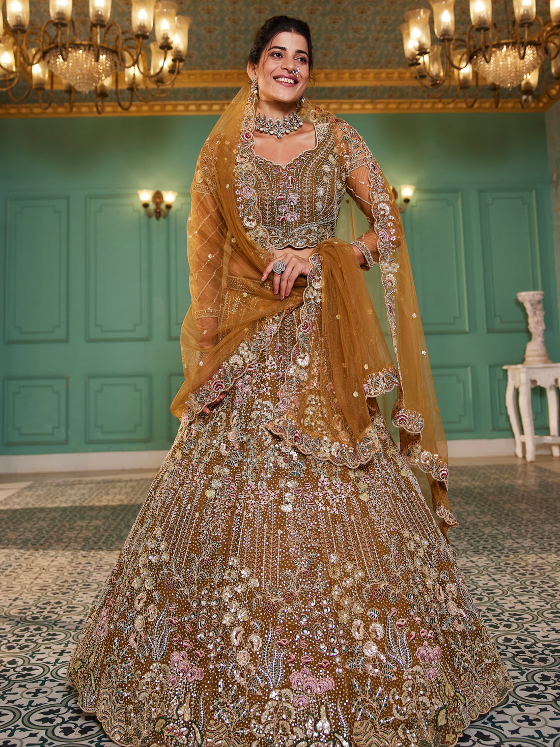 Mustard Net Bridal Lehenga with Sequins &amp; Zarkan Embroidery