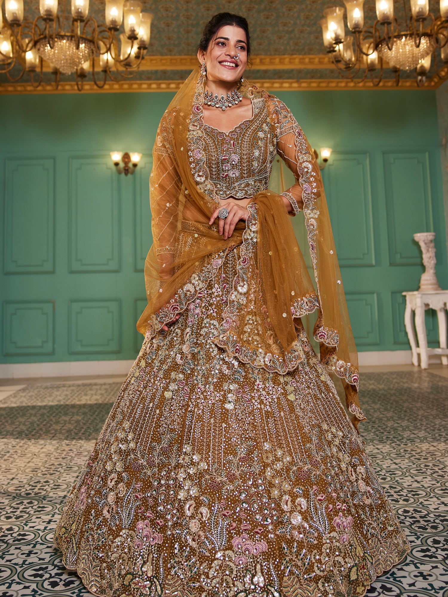 Mustard Net Bridal Lehenga with Sequins &amp; Zarkan Embroidery