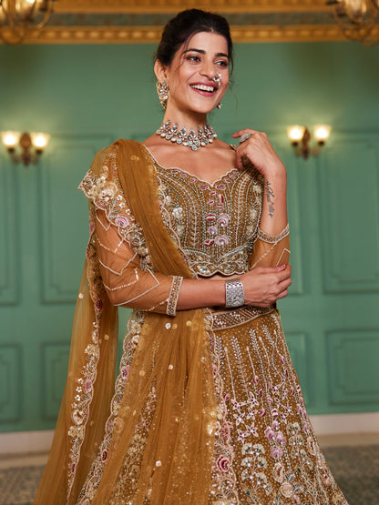 Mustard Net Bridal Lehenga with Sequins &amp; Zarkan Embroidery