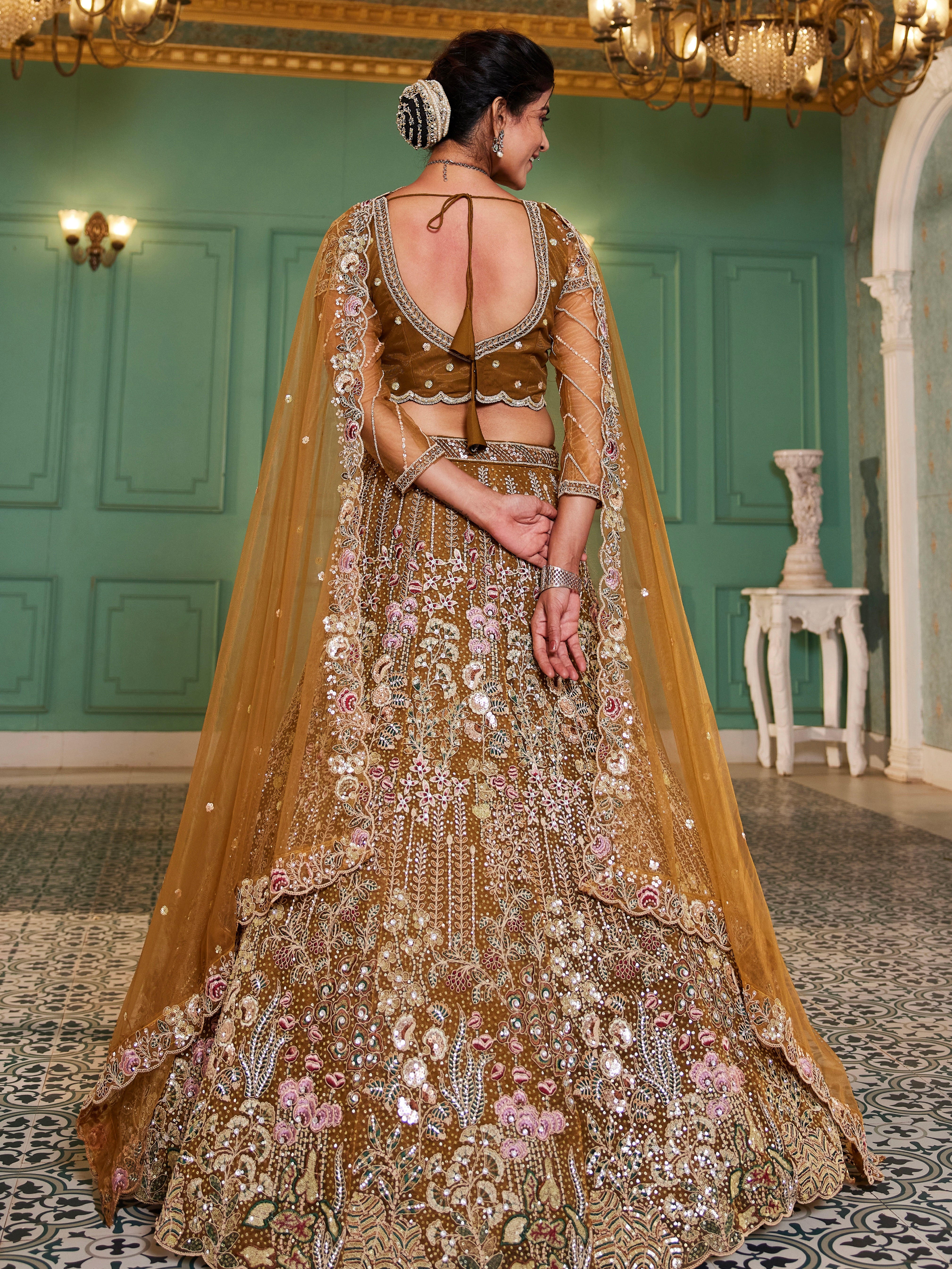 Mustard Net Bridal Lehenga with Sequins & Zarkan Embroidery
