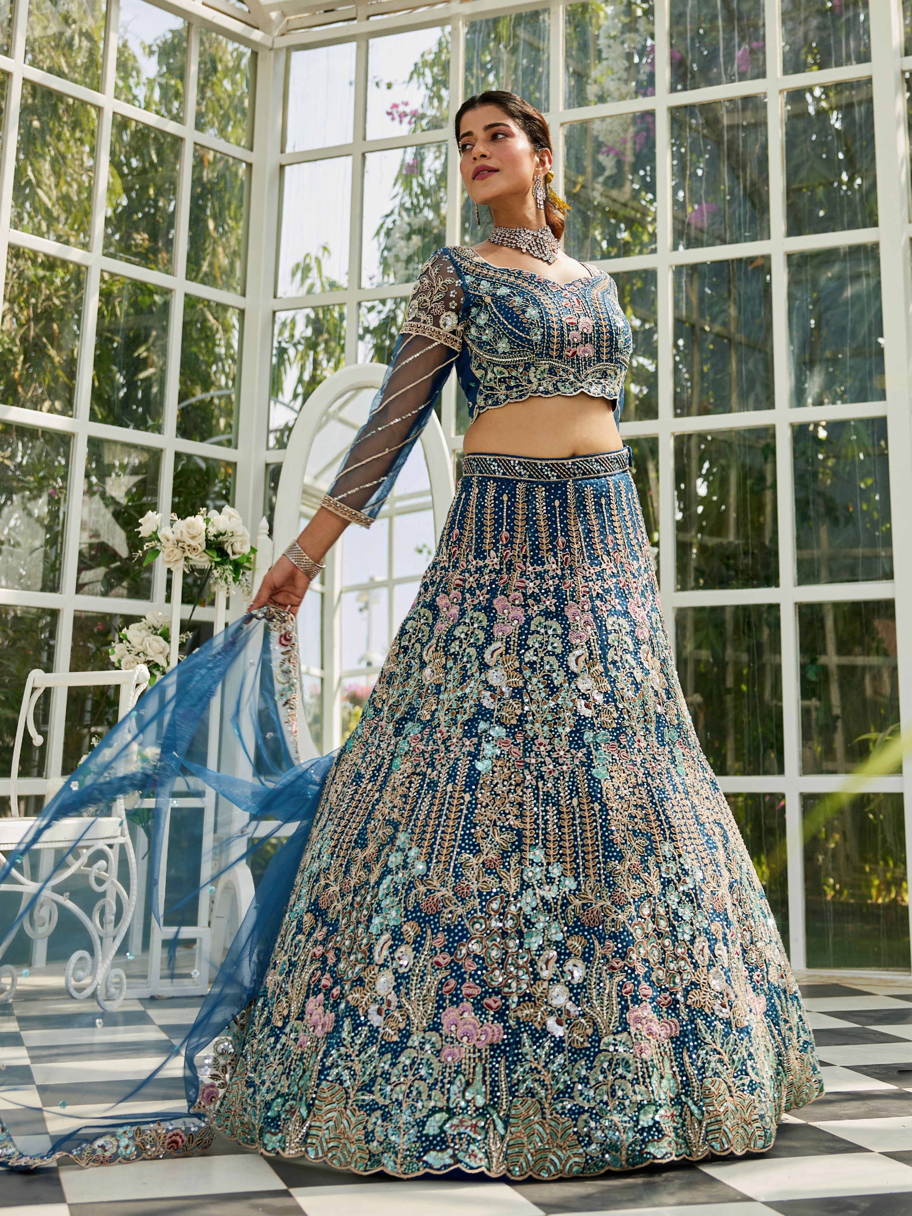 Navy Blue Net Bridal Lehenga with Sequins &amp; Zarkan Embroidery