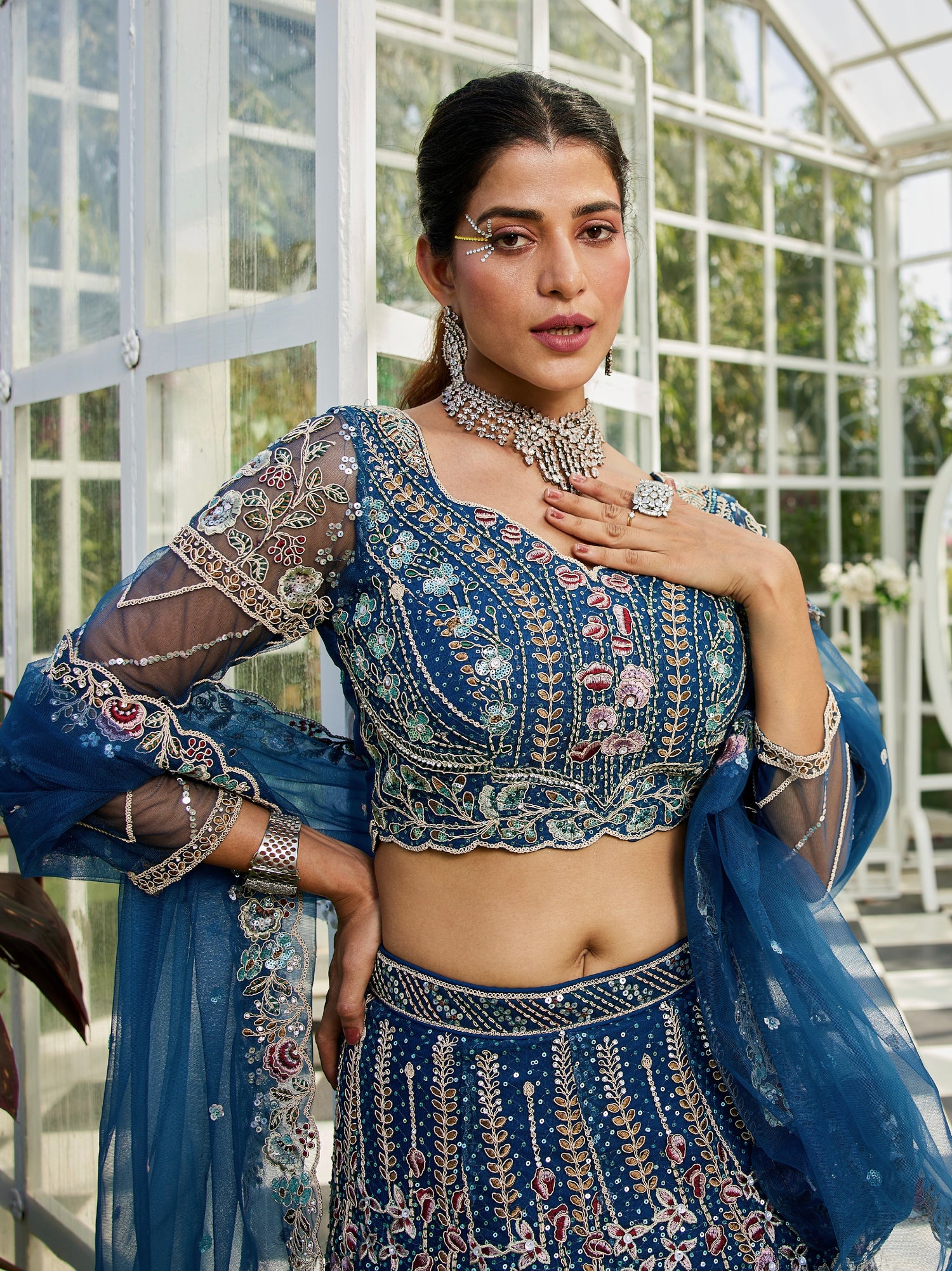 Navy Blue Net Bridal Lehenga with Sequins &amp; Zarkan Embroidery