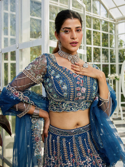 Navy Blue Net Bridal Lehenga with Sequins &amp; Zarkan Embroidery