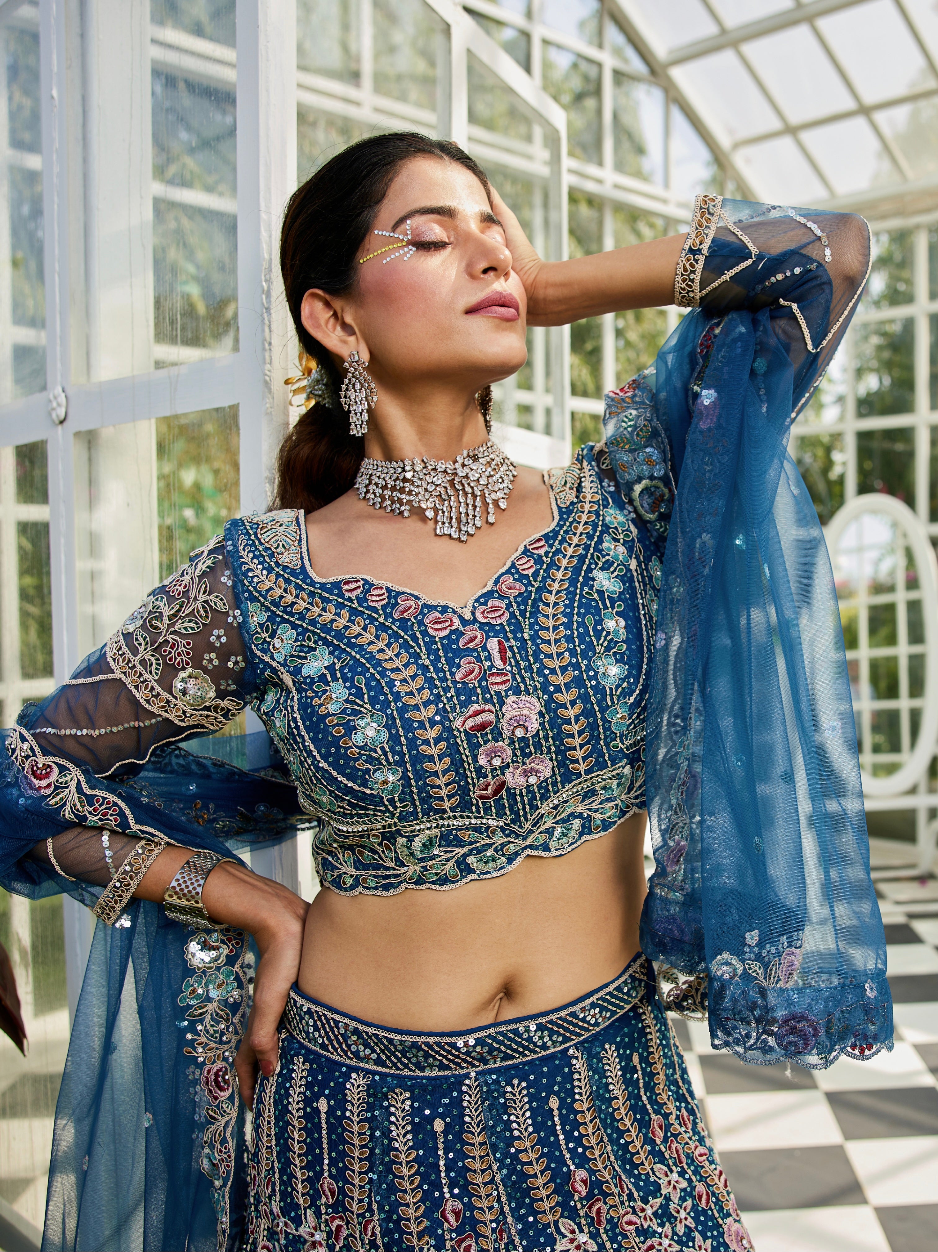 Navy Blue Net Bridal Lehenga with Sequins &amp; Zarkan Embroidery
