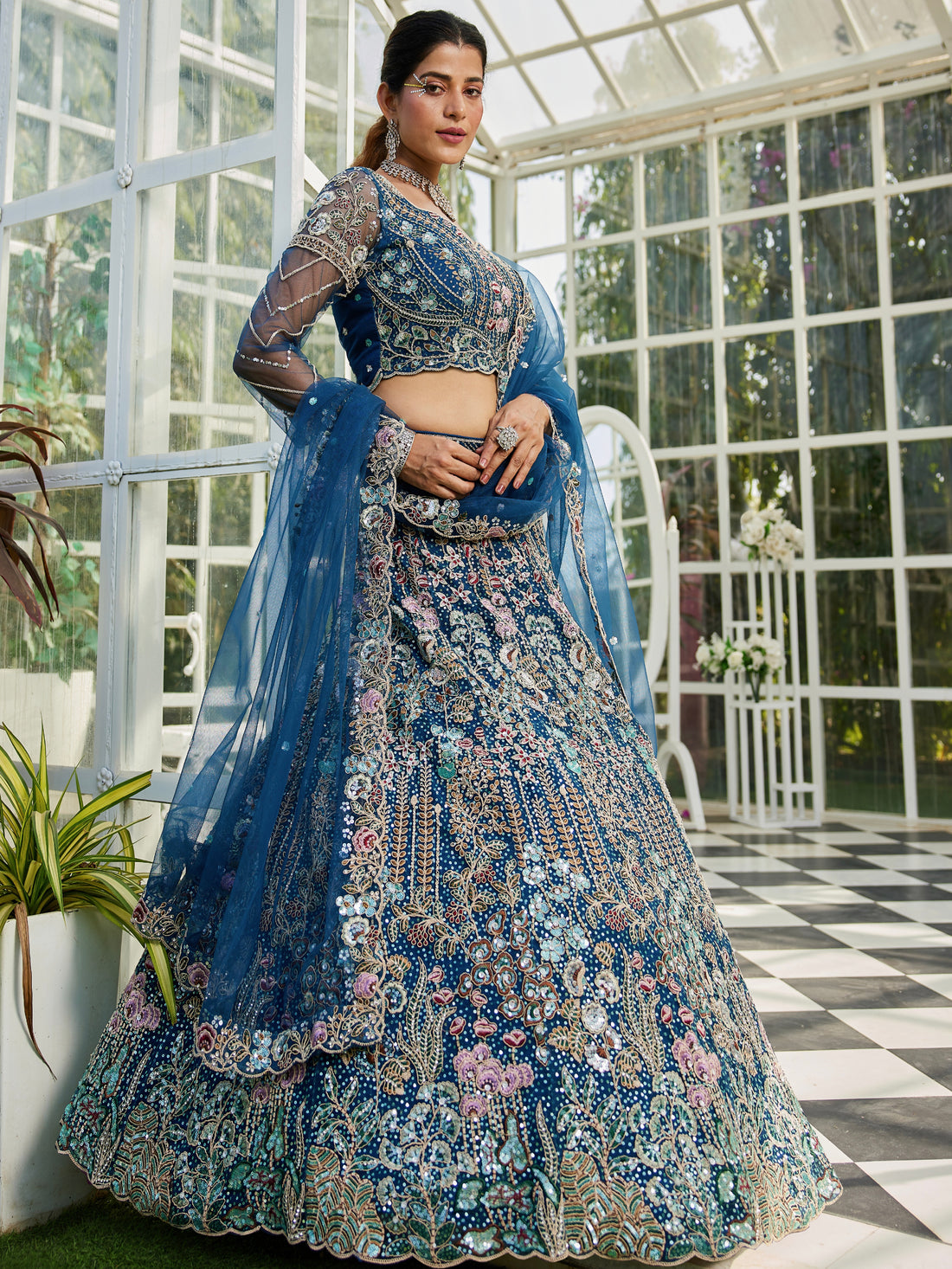 Navy Blue Net Bridal Lehenga with Sequins &amp; Zarkan Embroidery