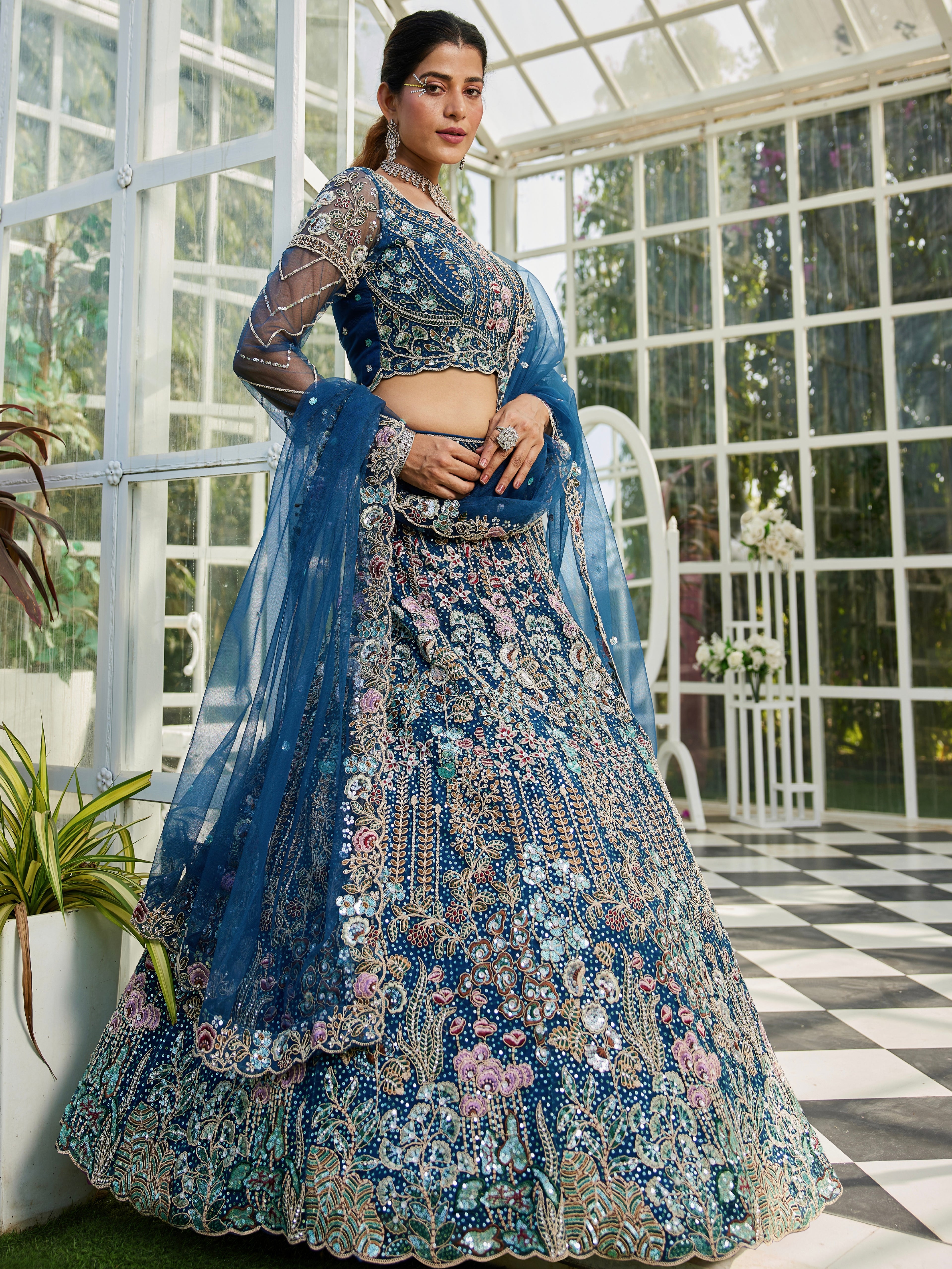 Navy Blue Net Bridal Lehenga with Sequins &amp; Zarkan Embroidery