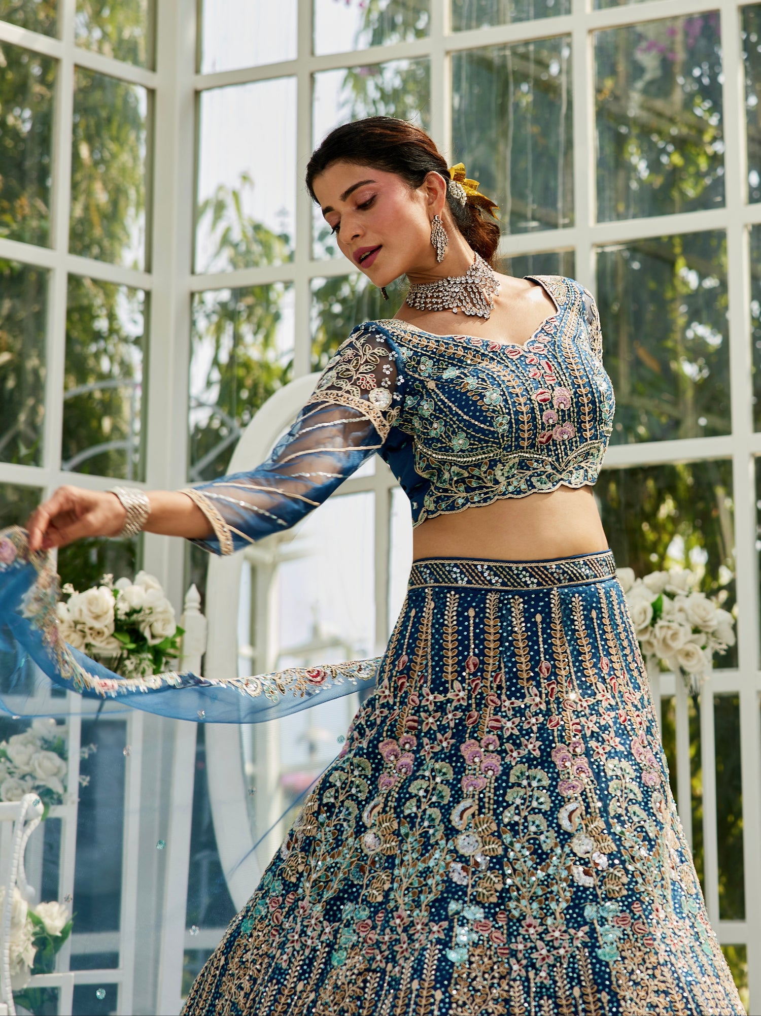 Navy Blue Net Bridal Lehenga with Sequins &amp; Zarkan Embroidery