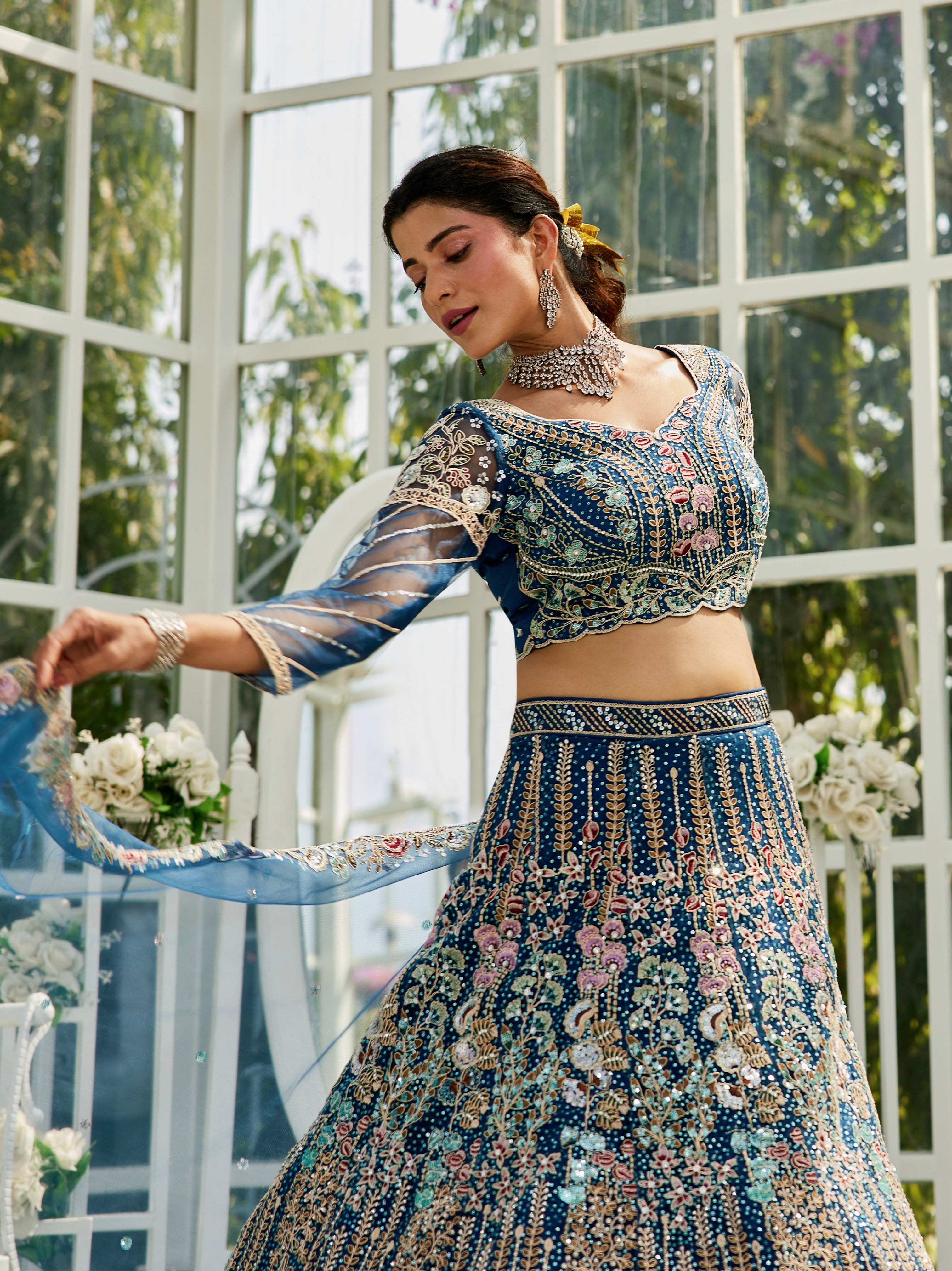 Navy Blue Net Bridal Lehenga with Sequins &amp; Zarkan Embroidery