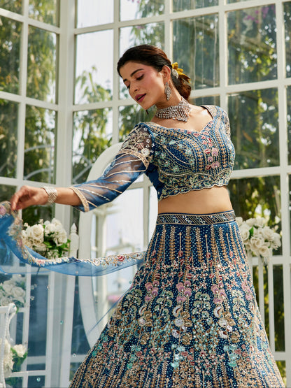 Navy Blue Net Bridal Lehenga with Sequins &amp; Zarkan Embroidery