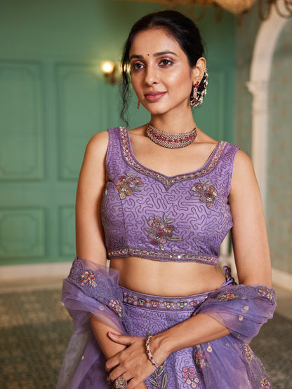 Lavender Sequins &amp; Zarkan Embroidered Net Lehenga