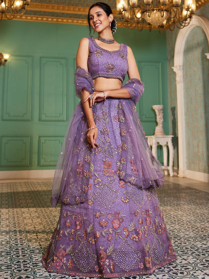 Lavender Sequins &amp; Zarkan Embroidered Net Lehenga