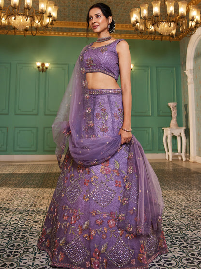 Lavender Sequins &amp; Zarkan Embroidered Net Lehenga