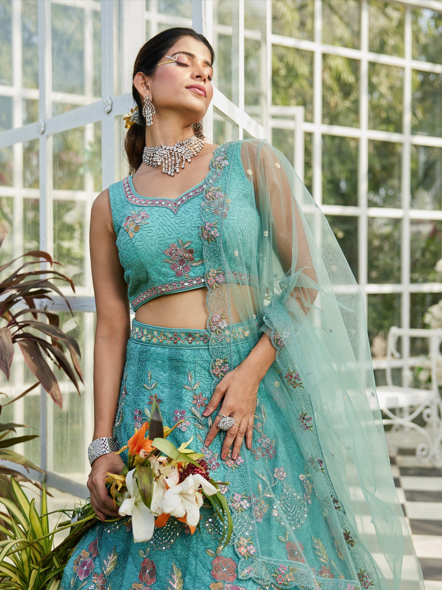 Lime Green Net Lehenga with Sequins &amp; Zarkan Work