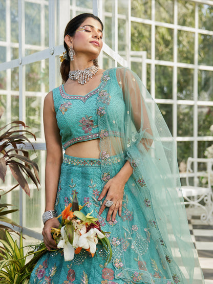 Lime Green Net Lehenga with Sequins &amp; Zarkan Work