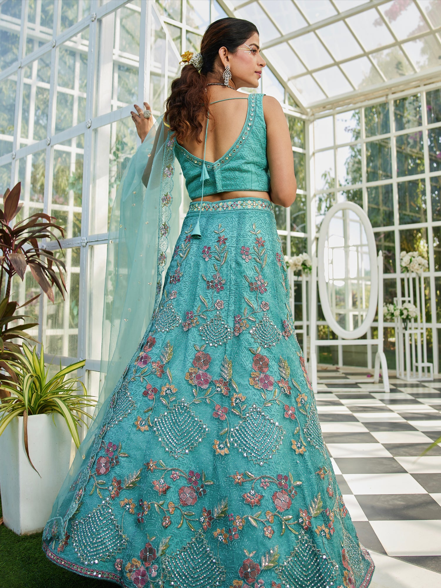 Lime Green Net Lehenga with Sequins &amp; Zarkan Work