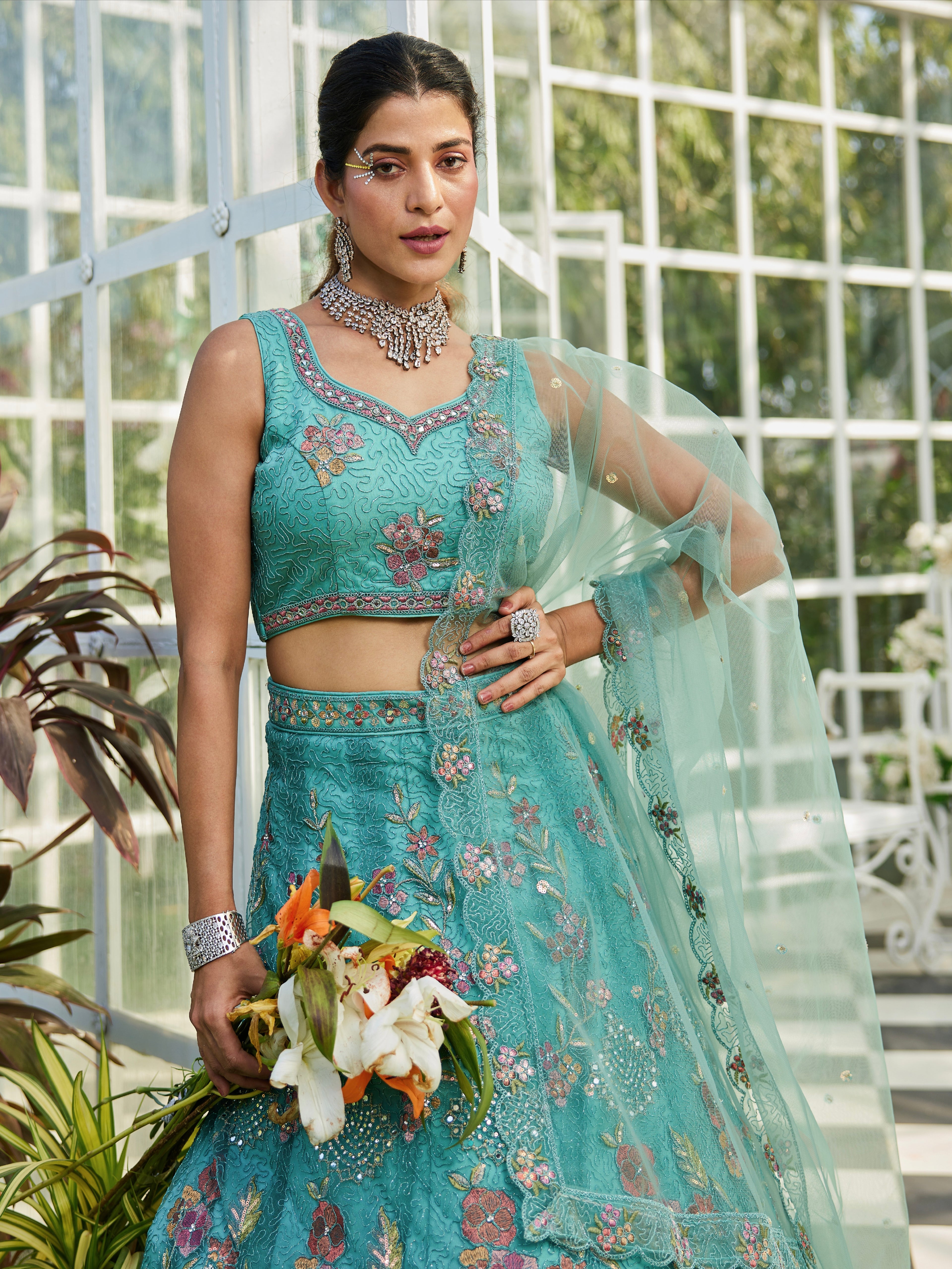 Lime Green Net Lehenga with Sequins &amp; Zarkan Work