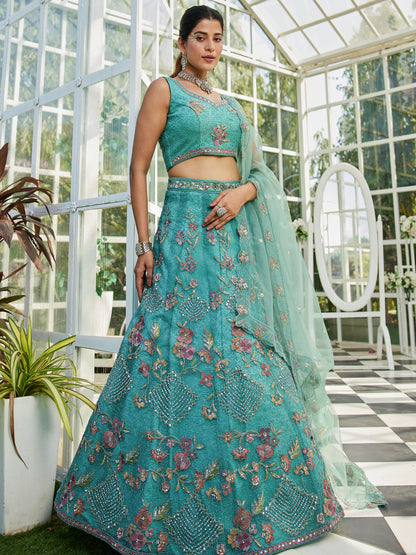 Lime Green Net Lehenga with Sequins &amp; Zarkan Work