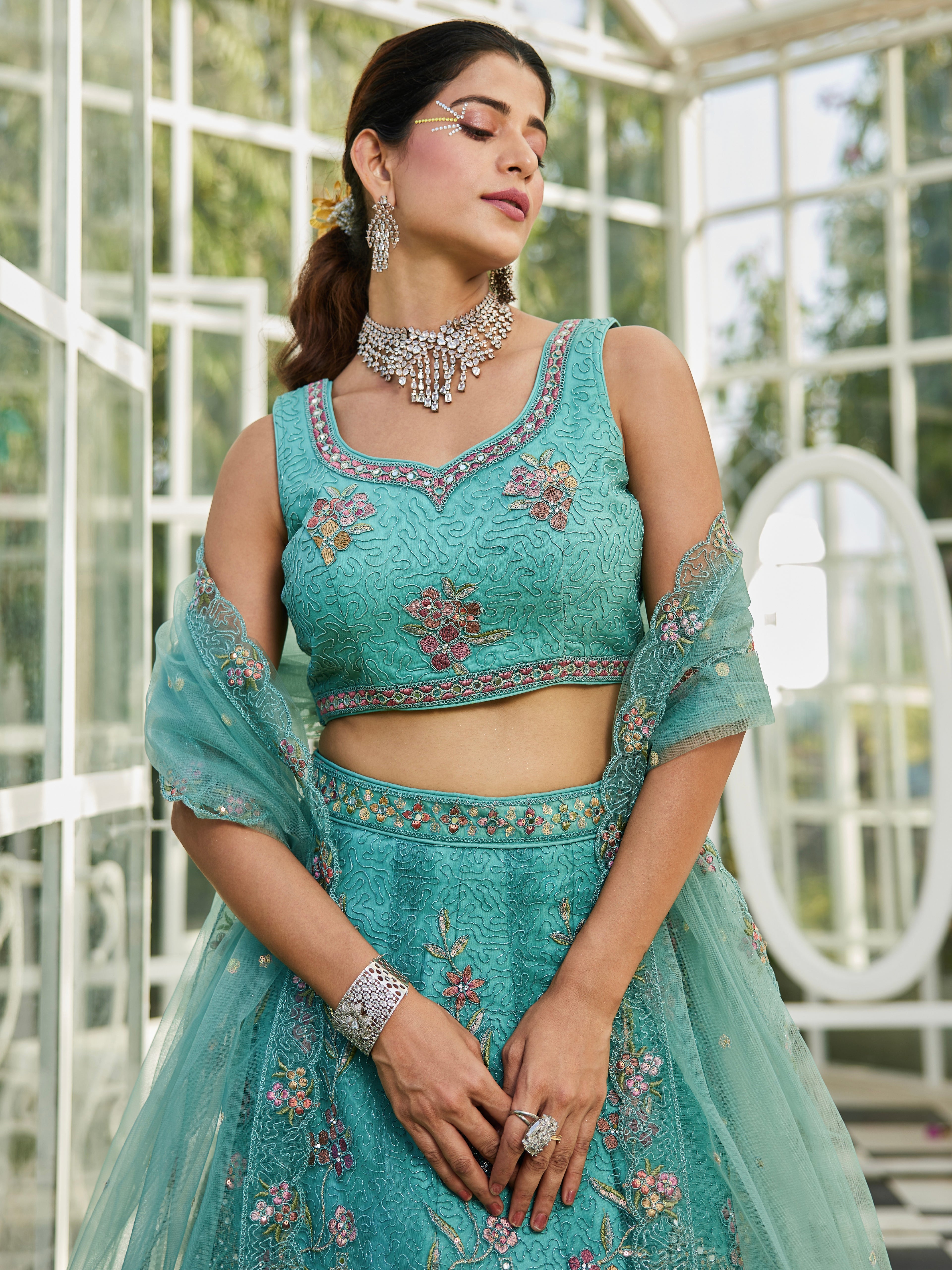 Lime Green Net Lehenga with Sequins &amp; Zarkan Work