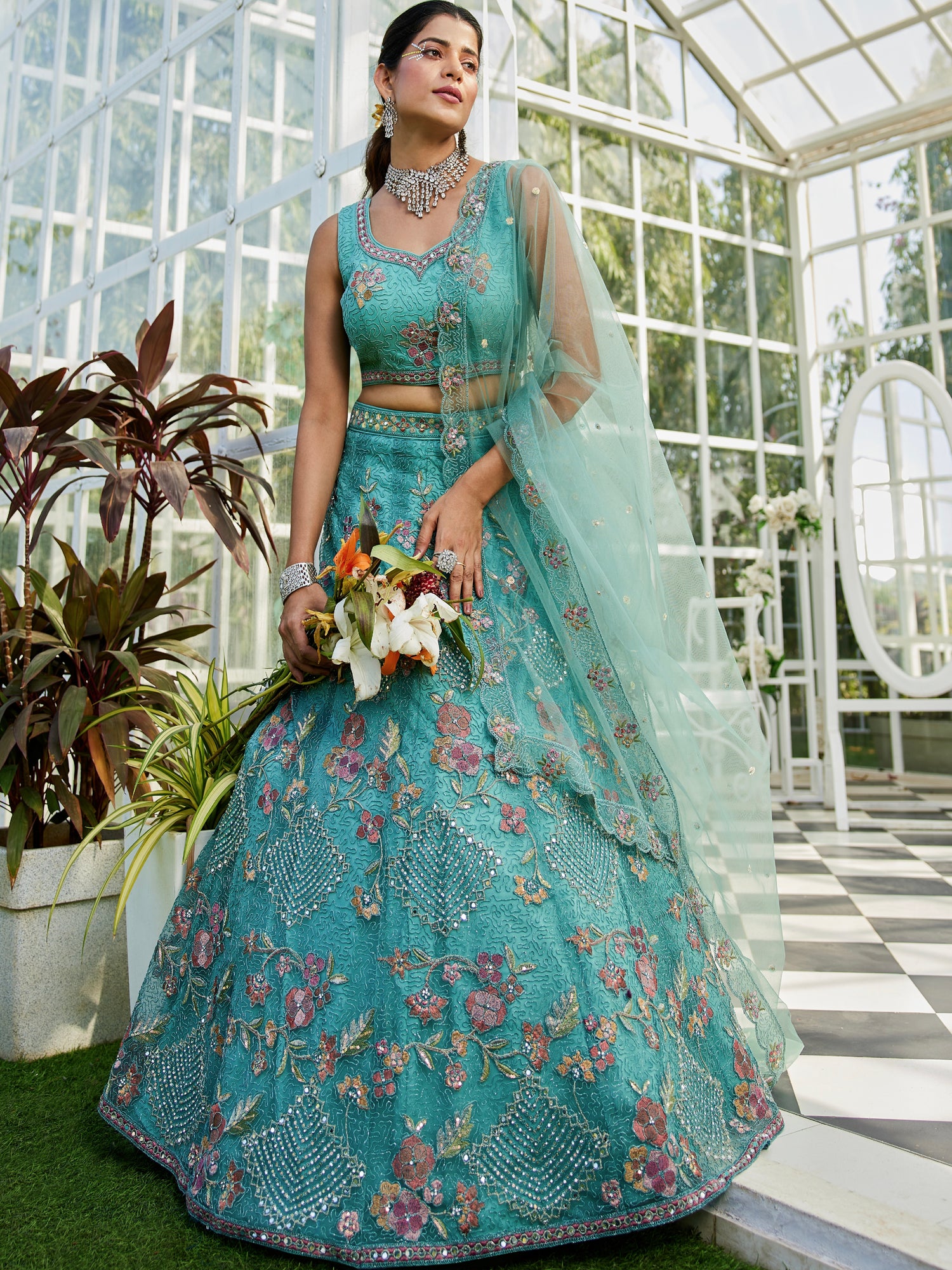 Lime Green Net Lehenga with Sequins &amp; Zarkan Work