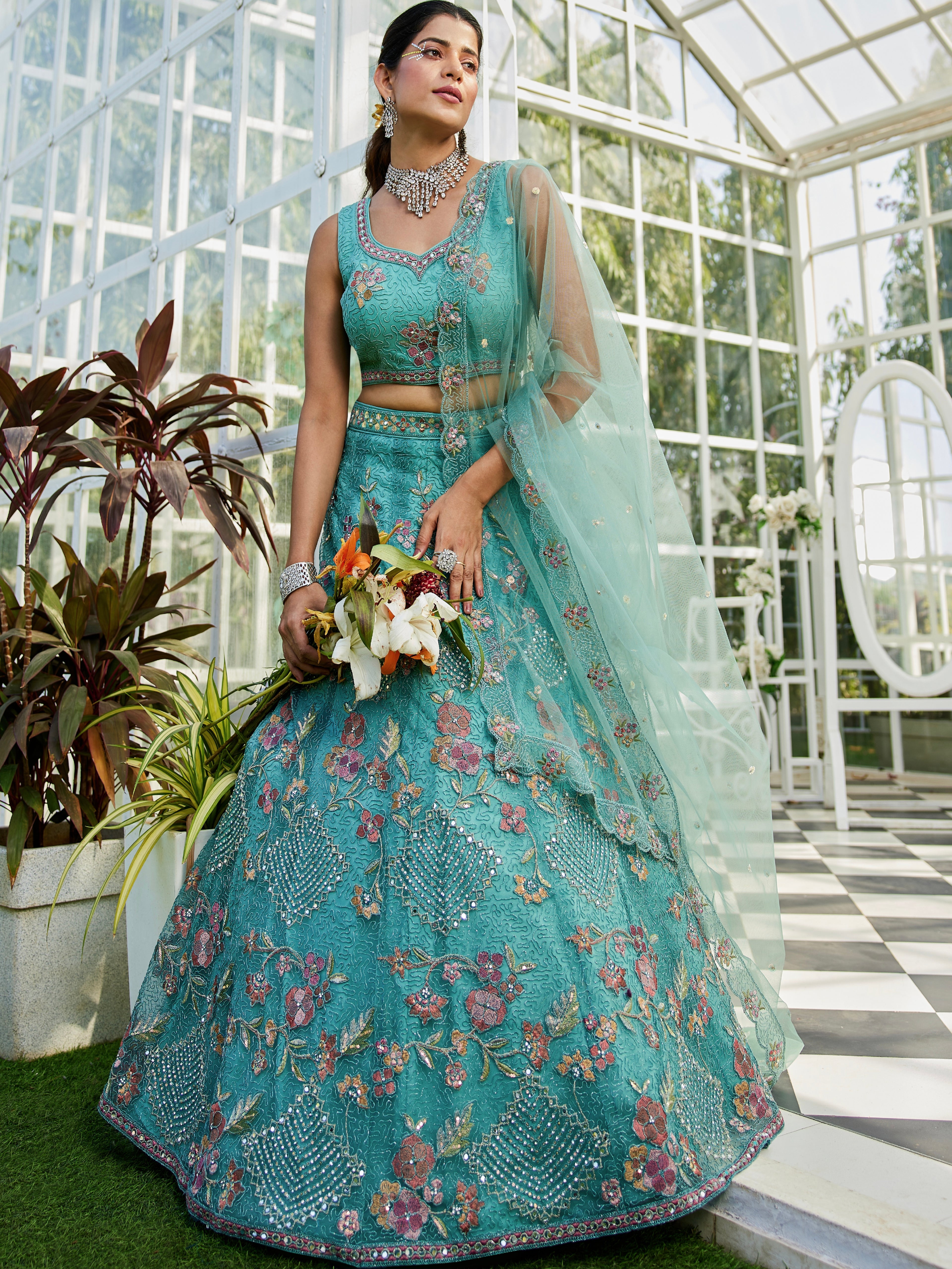 Lime Green Net Lehenga with Sequins &amp; Zarkan Work