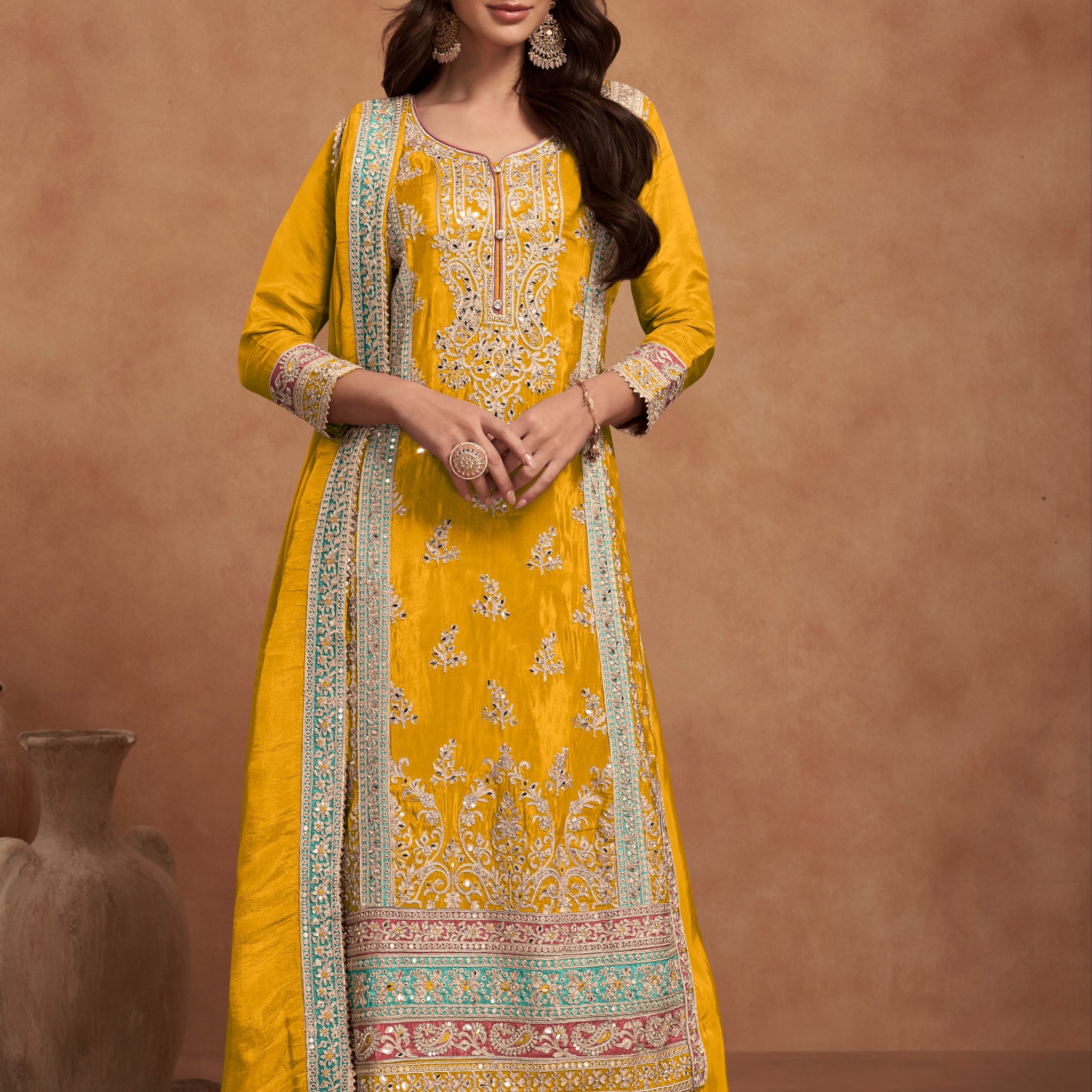 Mustard Yellow Real Simar Silk Palazzo Suit
