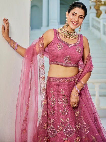 Pink Embroidered Net Lehenga with Sequins &amp; Zarkan Work
