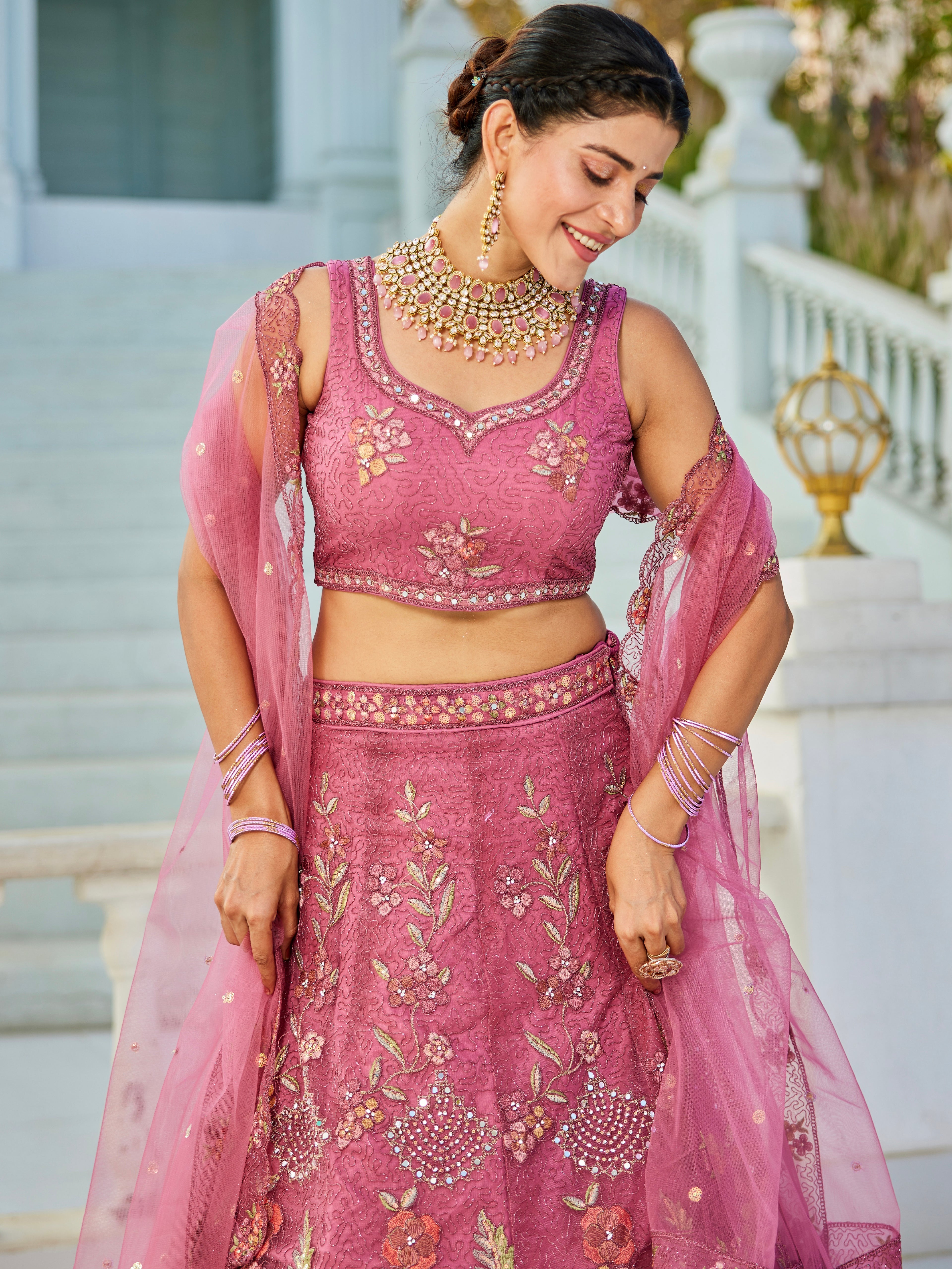 Pink Embroidered Net Lehenga with Sequins &amp; Zarkan Work