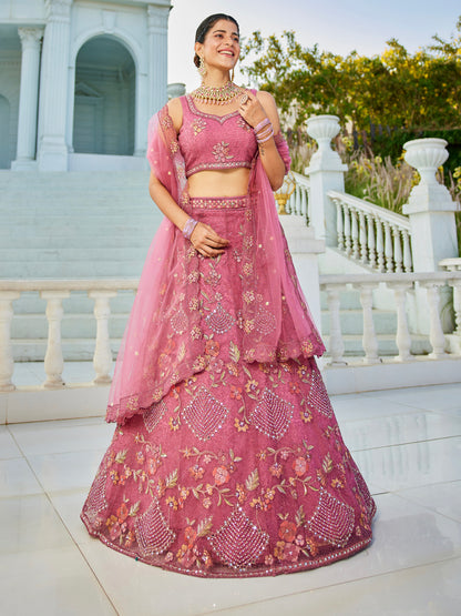 Pink Embroidered Net Lehenga with Sequins &amp; Zarkan Work