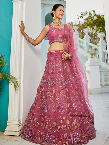 Pink Embroidered Net Lehenga with Sequins &amp; Zarkan Work