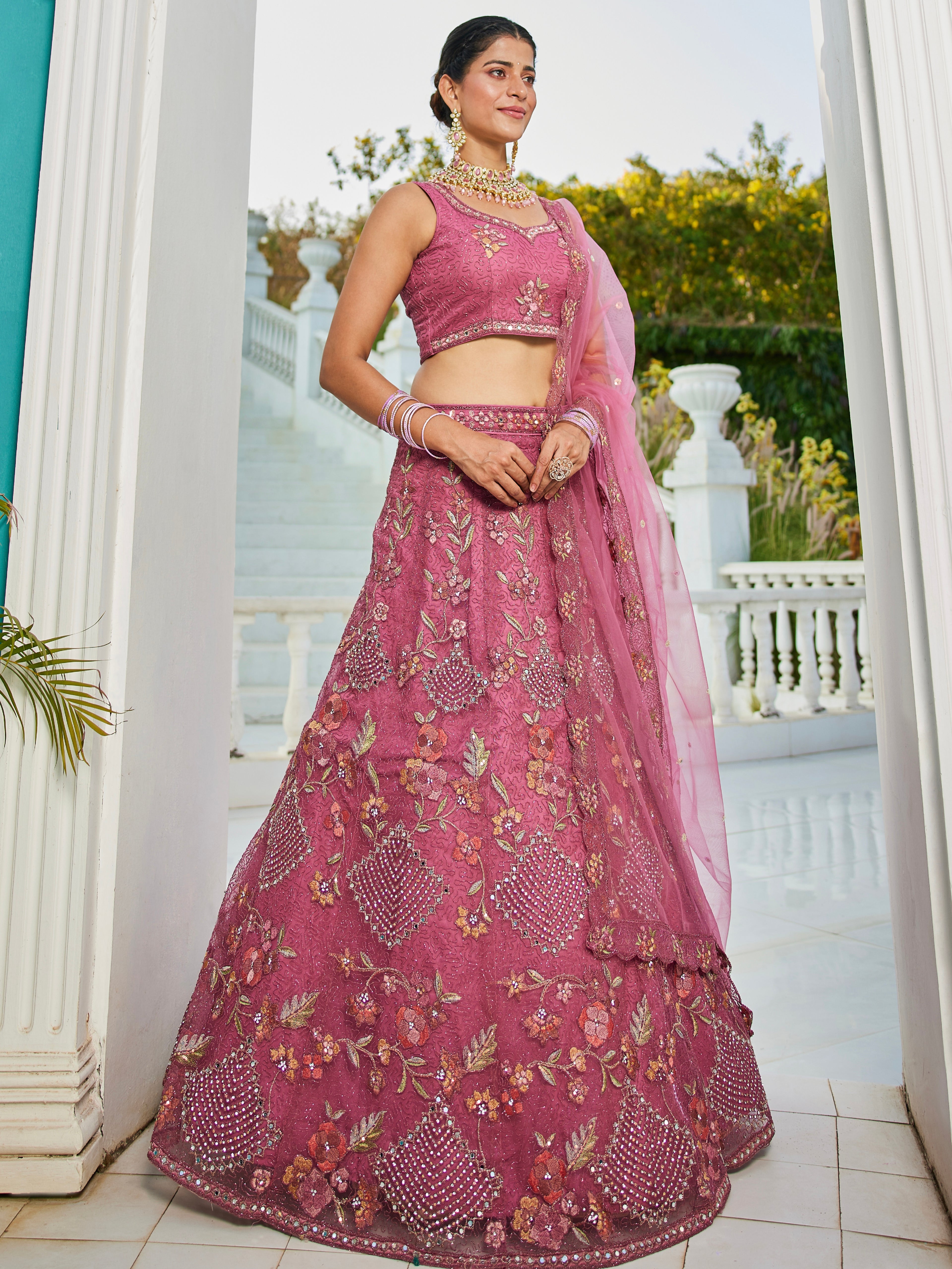Pink Embroidered Net Lehenga with Sequins &amp; Zarkan Work