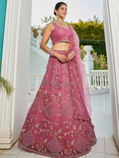 Pink Embroidered Net Lehenga with Sequins &amp; Zarkan Work