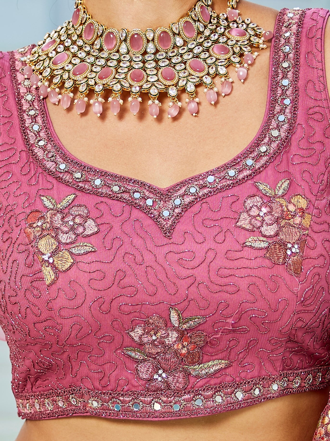 Pink Embroidered Net Lehenga with Sequins &amp; Zarkan Work